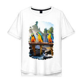 Мужская футболка хлопок Oversize с принтом Попугаи на ветке в Екатеринбурге, 100% хлопок | свободный крой, круглый ворот, “спинка” длиннее передней части | джунгли | клюв | острова | перья | попугай | птица | тропики | экзотика