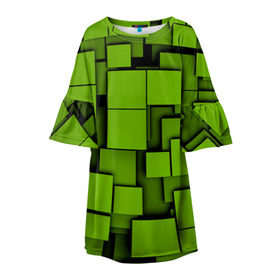 Детское платье 3D с принтом Зеленые кубики в Екатеринбурге, 100% полиэстер | прямой силуэт, чуть расширенный к низу. Круглая горловина, на рукавах — воланы | Тематика изображения на принте: кубы | текстура