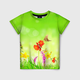 Детская футболка 3D с принтом Цветы в Екатеринбурге, 100% гипоаллергенный полиэфир | прямой крой, круглый вырез горловины, длина до линии бедер, чуть спущенное плечо, ткань немного тянется | бабочка | красивая | насекомые | природа | цветок
