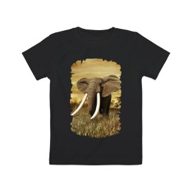 Детская футболка хлопок с принтом Могучий слон в Екатеринбурге, 100% хлопок | круглый вырез горловины, полуприлегающий силуэт, длина до линии бедер | Тематика изображения на принте: elephant | африка | бивни | джунгли | мамонт | савана | сафари | слон | хобот