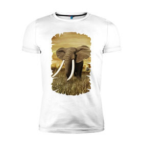 Мужская футболка премиум с принтом Могучий слон в Екатеринбурге, 92% хлопок, 8% лайкра | приталенный силуэт, круглый вырез ворота, длина до линии бедра, короткий рукав | elephant | африка | бивни | джунгли | мамонт | савана | сафари | слон | хобот