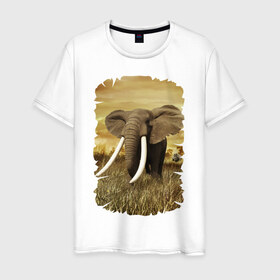 Мужская футболка хлопок с принтом Могучий слон в Екатеринбурге, 100% хлопок | прямой крой, круглый вырез горловины, длина до линии бедер, слегка спущенное плечо. | elephant | африка | бивни | джунгли | мамонт | савана | сафари | слон | хобот