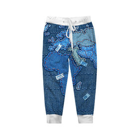 Детские брюки 3D с принтом Джинсовый 4 в Екатеринбурге, 100% полиэстер | манжеты по низу, эластичный пояс регулируется шнурком, по бокам два кармана без застежек, внутренняя часть кармана из мелкой сетки | Тематика изображения на принте: джинсовый | джинсы | карта | мир