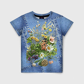 Детская футболка 3D с принтом Джинсовый 11 в Екатеринбурге, 100% гипоаллергенный полиэфир | прямой крой, круглый вырез горловины, длина до линии бедер, чуть спущенное плечо, ткань немного тянется | джинсовый | джинсы | цветы