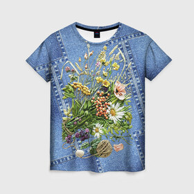 Женская футболка 3D с принтом Джинсовый 11 в Екатеринбурге, 100% полиэфир ( синтетическое хлопкоподобное полотно) | прямой крой, круглый вырез горловины, длина до линии бедер | Тематика изображения на принте: джинсовый | джинсы | цветы