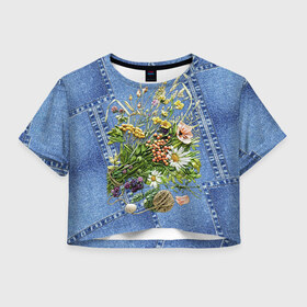 Женская футболка 3D укороченная с принтом Джинсовый 11 в Екатеринбурге, 100% полиэстер | круглая горловина, длина футболки до линии талии, рукава с отворотами | Тематика изображения на принте: джинсовый | джинсы | цветы