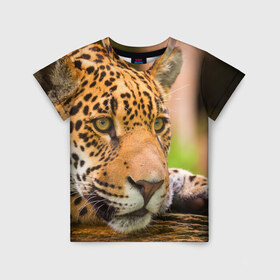 Детская футболка 3D с принтом Леопард в Екатеринбурге, 100% гипоаллергенный полиэфир | прямой крой, круглый вырез горловины, длина до линии бедер, чуть спущенное плечо, ткань немного тянется | взгляд | дикий | леопард | ягуар