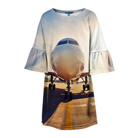 Детское платье 3D с принтом Самолет в Екатеринбурге, 100% полиэстер | прямой силуэт, чуть расширенный к низу. Круглая горловина, на рукавах — воланы | Тематика изображения на принте: дорога | летчик | небо | полет | самолет | солнце