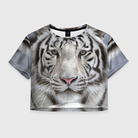 Женская футболка 3D укороченная с принтом Бенгальский тигр в Екатеринбурге, 100% полиэстер | круглая горловина, длина футболки до линии талии, рукава с отворотами | tiger | белый | дикая кошка | тигр | хищник