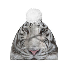 Шапка 3D c помпоном с принтом Бенгальский тигр в Екатеринбурге, 100% полиэстер | универсальный размер, печать по всей поверхности изделия | tiger | белый | дикая кошка | тигр | хищник