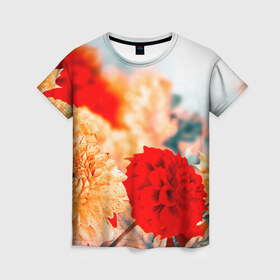 Женская футболка 3D с принтом Георгины в Екатеринбурге, 100% полиэфир ( синтетическое хлопкоподобное полотно) | прямой крой, круглый вырез горловины, длина до линии бедер | букет | георгины | красота | цветы