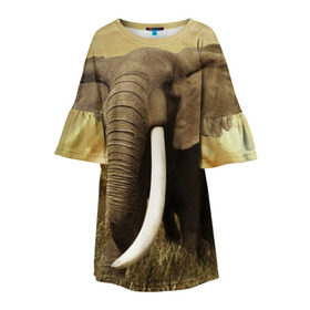 Детское платье 3D с принтом Могучий слон в Екатеринбурге, 100% полиэстер | прямой силуэт, чуть расширенный к низу. Круглая горловина, на рукавах — воланы | Тематика изображения на принте: elephant | африка | бивни | джунгли | мамонт | савана | сафари | слон | хобот