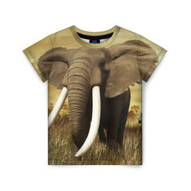 Детская футболка 3D с принтом Могучий слон в Екатеринбурге, 100% гипоаллергенный полиэфир | прямой крой, круглый вырез горловины, длина до линии бедер, чуть спущенное плечо, ткань немного тянется | Тематика изображения на принте: elephant | африка | бивни | джунгли | мамонт | савана | сафари | слон | хобот