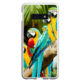 Чехол для Samsung S10E с принтом Попугаи на ветке в Екатеринбурге, Силикон | Область печати: задняя сторона чехла, без боковых панелей | джунгли | клюв | острова | перья | попугай | птица | тропики | экзотика
