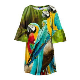 Детское платье 3D с принтом Попугаи на ветке в Екатеринбурге, 100% полиэстер | прямой силуэт, чуть расширенный к низу. Круглая горловина, на рукавах — воланы | джунгли | клюв | острова | перья | попугай | птица | тропики | экзотика