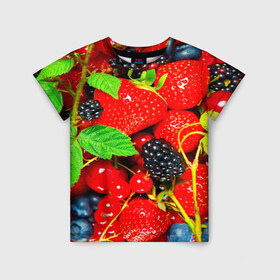 Детская футболка 3D с принтом Ягоды в Екатеринбурге, 100% гипоаллергенный полиэфир | прямой крой, круглый вырез горловины, длина до линии бедер, чуть спущенное плечо, ткань немного тянется | малина | ягода | ягодка | ягодная