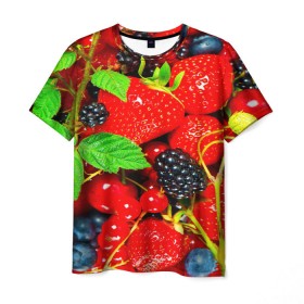 Мужская футболка 3D с принтом Ягоды в Екатеринбурге, 100% полиэфир | прямой крой, круглый вырез горловины, длина до линии бедер | Тематика изображения на принте: малина | ягода | ягодка | ягодная