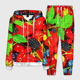 Мужской костюм 3D с принтом Ягоды в Екатеринбурге, 100% полиэстер | Манжеты и пояс оформлены тканевой резинкой, двухслойный капюшон со шнурком для регулировки, карманы спереди | малина | ягода | ягодка | ягодная