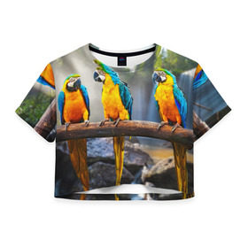Женская футболка 3D укороченная с принтом Экзотические попугаи в Екатеринбурге, 100% полиэстер | круглая горловина, длина футболки до линии талии, рукава с отворотами | джунгли | клюв | острова | перья | попугай | птица | тропики | экзотика