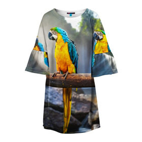 Детское платье 3D с принтом Экзотические попугаи в Екатеринбурге, 100% полиэстер | прямой силуэт, чуть расширенный к низу. Круглая горловина, на рукавах — воланы | джунгли | клюв | острова | перья | попугай | птица | тропики | экзотика
