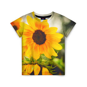 Детская футболка 3D с принтом Подсолнухи в Екатеринбурге, 100% гипоаллергенный полиэфир | прямой крой, круглый вырез горловины, длина до линии бедер, чуть спущенное плечо, ткань немного тянется | лето | подсолнух | солнце | цветы