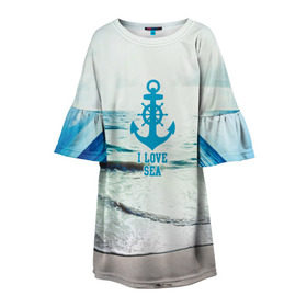 Детское платье 3D с принтом I love sea в Екатеринбурге, 100% полиэстер | прямой силуэт, чуть расширенный к низу. Круглая горловина, на рукавах — воланы | Тематика изображения на принте: sea | вода | волны | лето | море | океан | солнце | якорь