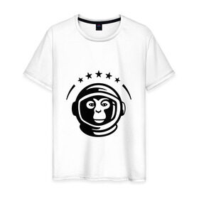Мужская футболка хлопок с принтом Обезьяна космонавт в Екатеринбурге, 100% хлопок | прямой крой, круглый вырез горловины, длина до линии бедер, слегка спущенное плечо. | Тематика изображения на принте: космос