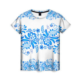 Женская футболка 3D с принтом Гжель в Екатеринбурге, 100% полиэфир ( синтетическое хлопкоподобное полотно) | прямой крой, круглый вырез горловины, длина до линии бедер | роспись | россия | русь | узор