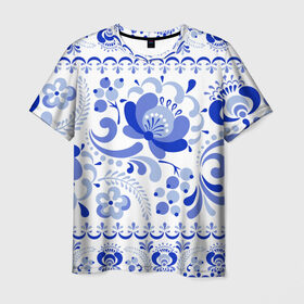 Мужская футболка 3D с принтом Гжель 2 в Екатеринбурге, 100% полиэфир | прямой крой, круглый вырез горловины, длина до линии бедер | роспись | россия | русь | узор
