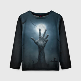 Детский лонгслив 3D с принтом Рука зомби в Екатеринбурге, 100% полиэстер | длинные рукава, круглый вырез горловины, полуприлегающий силуэт
 | кладбище | луна | мертвец