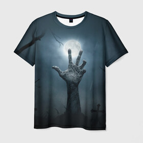 Мужская футболка 3D с принтом Рука зомби в Екатеринбурге, 100% полиэфир | прямой крой, круглый вырез горловины, длина до линии бедер | Тематика изображения на принте: кладбище | луна | мертвец