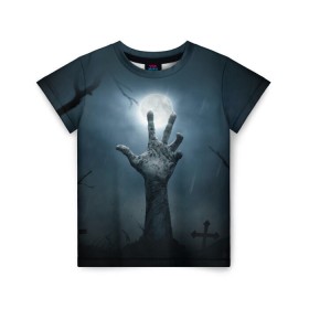 Детская футболка 3D с принтом Рука зомби в Екатеринбурге, 100% гипоаллергенный полиэфир | прямой крой, круглый вырез горловины, длина до линии бедер, чуть спущенное плечо, ткань немного тянется | Тематика изображения на принте: кладбище | луна | мертвец