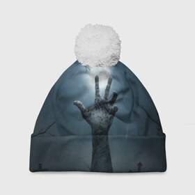 Шапка 3D c помпоном с принтом Рука зомби в Екатеринбурге, 100% полиэстер | универсальный размер, печать по всей поверхности изделия | кладбище | луна | мертвец