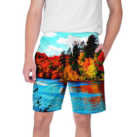 Мужские шорты 3D с принтом Озеро в Екатеринбурге,  полиэстер 100% | прямой крой, два кармана без застежек по бокам. Мягкая трикотажная резинка на поясе, внутри которой широкие завязки. Длина чуть выше колен | деревья | красные листья | кусты | осень | природа | река