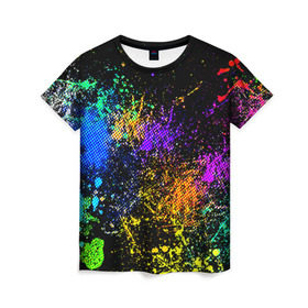 Женская футболка 3D с принтом Брызги красок в Екатеринбурге, 100% полиэфир ( синтетическое хлопкоподобное полотно) | прямой крой, круглый вырез горловины, длина до линии бедер | кляксы | цветной | яркий