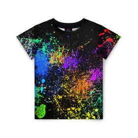 Детская футболка 3D с принтом Брызги красок в Екатеринбурге, 100% гипоаллергенный полиэфир | прямой крой, круглый вырез горловины, длина до линии бедер, чуть спущенное плечо, ткань немного тянется | Тематика изображения на принте: кляксы | цветной | яркий