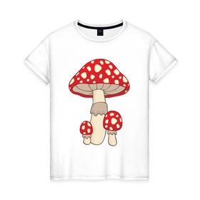 Женская футболка хлопок с принтом Мухоморы в Екатеринбурге, 100% хлопок | прямой крой, круглый вырез горловины, длина до линии бедер, слегка спущенное плечо | Тематика изображения на принте: грибы | поганки