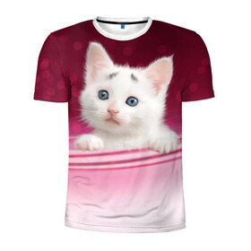 Мужская футболка 3D спортивная с принтом Белый котёнок в Екатеринбурге, 100% полиэстер с улучшенными характеристиками | приталенный силуэт, круглая горловина, широкие плечи, сужается к линии бедра | киска | кот | котёнок | кошка | прикольные картинки