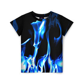 Детская футболка 3D с принтом Огонь в Екатеринбурге, 100% гипоаллергенный полиэфир | прямой крой, круглый вырез горловины, длина до линии бедер, чуть спущенное плечо, ткань немного тянется | Тематика изображения на принте: пламя | синее | яркий