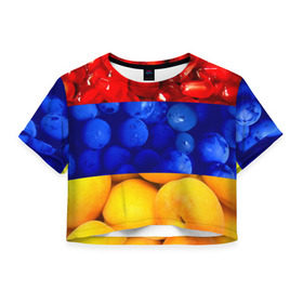 Женская футболка 3D укороченная с принтом Флаг Армении в Екатеринбурге, 100% полиэстер | круглая горловина, длина футболки до линии талии, рукава с отворотами | армения | гранат | персик | слива | страны | флаг армении | фрукты