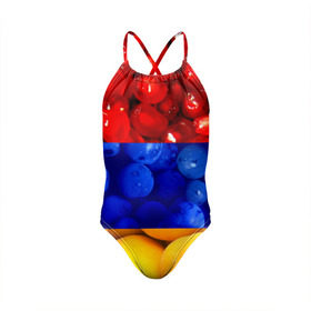 Детский купальник 3D с принтом Флаг Армении в Екатеринбурге, Полиэстер 85%, Спандекс 15% | Слитный крой, подклад по переду изделия, узкие бретели | Тематика изображения на принте: армения | гранат | персик | слива | страны | флаг армении | фрукты