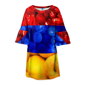 Детское платье 3D с принтом Флаг Армении в Екатеринбурге, 100% полиэстер | прямой силуэт, чуть расширенный к низу. Круглая горловина, на рукавах — воланы | Тематика изображения на принте: армения | гранат | персик | слива | страны | флаг армении | фрукты