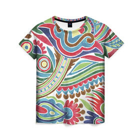 Женская футболка 3D с принтом Хохлома красками в Екатеринбурге, 100% полиэфир ( синтетическое хлопкоподобное полотно) | прямой крой, круглый вырез горловины, длина до линии бедер | народный | орнамент | роспись | традиционный