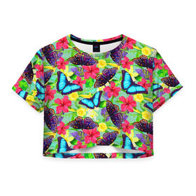 Женская футболка 3D укороченная с принтом Summer Butterflies в Екатеринбурге, 100% полиэстер | круглая горловина, длина футболки до линии талии, рукава с отворотами | бабочки | лето | пестрый | разноцветный