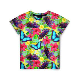 Детская футболка 3D с принтом Summer Butterflies в Екатеринбурге, 100% гипоаллергенный полиэфир | прямой крой, круглый вырез горловины, длина до линии бедер, чуть спущенное плечо, ткань немного тянется | бабочки | лето | пестрый | разноцветный
