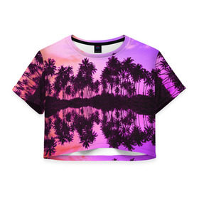 Женская футболка 3D укороченная с принтом Hawaii dream в Екатеринбурге, 100% полиэстер | круглая горловина, длина футболки до линии талии, рукава с отворотами | Тематика изображения на принте: гавайи | закат | пляж