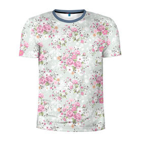 Мужская футболка 3D спортивная с принтом Flower pattern в Екатеринбурге, 100% полиэстер с улучшенными характеристиками | приталенный силуэт, круглая горловина, широкие плечи, сужается к линии бедра | Тематика изображения на принте: белый | паттерн | розовый | цветы