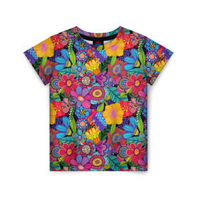 Детская футболка 3D с принтом Яркие цветы в Екатеринбурге, 100% гипоаллергенный полиэфир | прямой крой, круглый вырез горловины, длина до линии бедер, чуть спущенное плечо, ткань немного тянется | летний | разноцветный | цветы | яркий