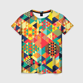 Женская футболка 3D с принтом Геометрия в Екатеринбурге, 100% полиэфир ( синтетическое хлопкоподобное полотно) | прямой крой, круглый вырез горловины, длина до линии бедер | лоскутное шитье | паттерн | пестрый | разноцветный | треугольники