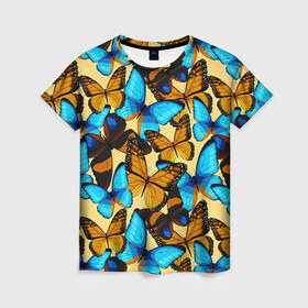 Женская футболка 3D с принтом Бабочки в Екатеринбурге, 100% полиэфир ( синтетическое хлопкоподобное полотно) | прямой крой, круглый вырез горловины, длина до линии бедер | коричневый | синий